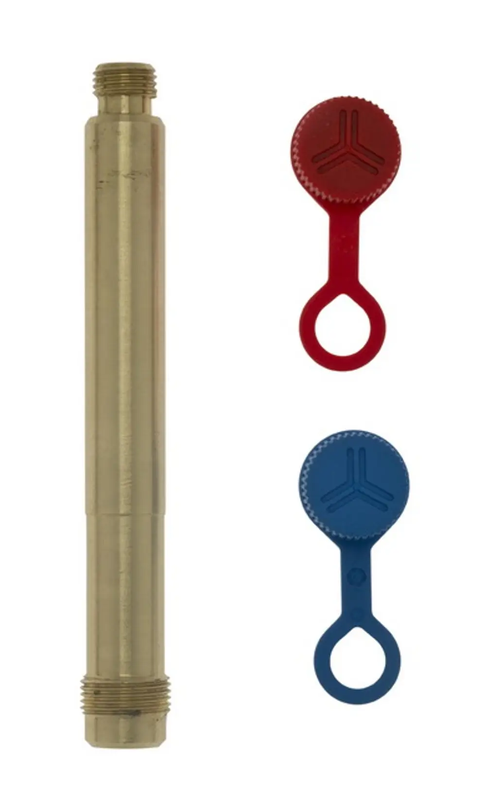 Messnippel aus Messing mit zwei farbigen Kunststoffkappen (rot und blau) von IMI Hydronic Engineering, zur Anbringung an Heizungsanlagen oder -systemen.